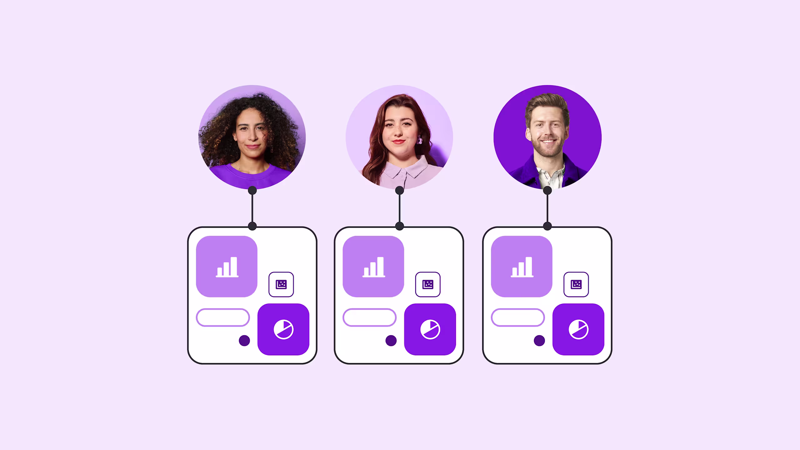 Three circular profile photos connected to purple interface elements showing analytics and chart icons below each photo