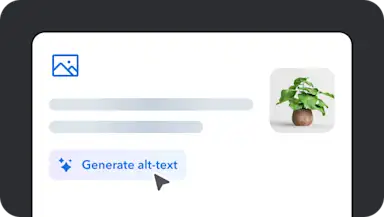 A user interface showing a "Generate alt-text" button with a blue wand icon and cursor pointer, next to a small potted plant image