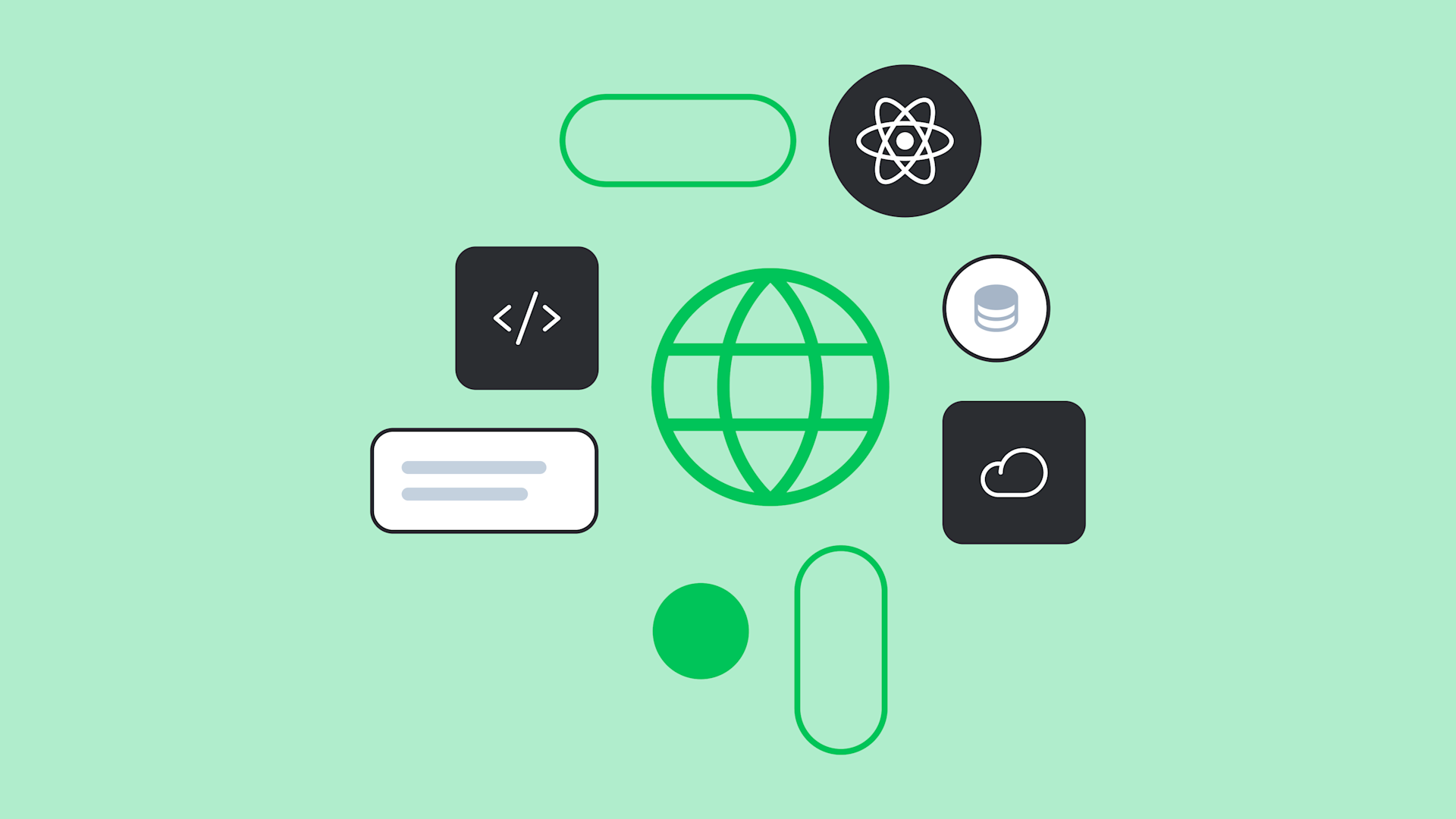 Web development icons including code symbol, globe, cloud storage, and React logo on mint green background