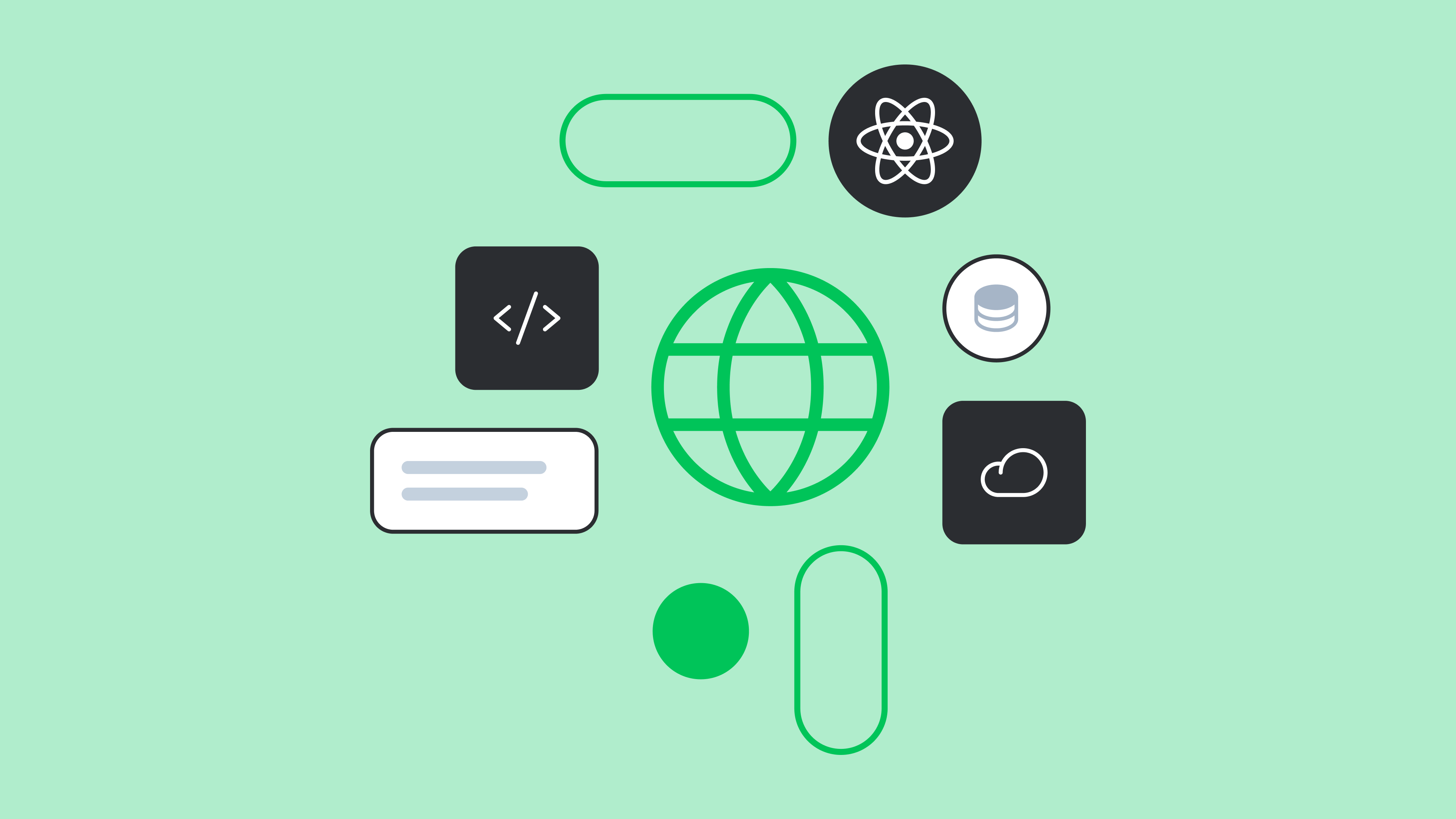 Web development icons including code symbol, globe, cloud storage, and React logo on mint green background