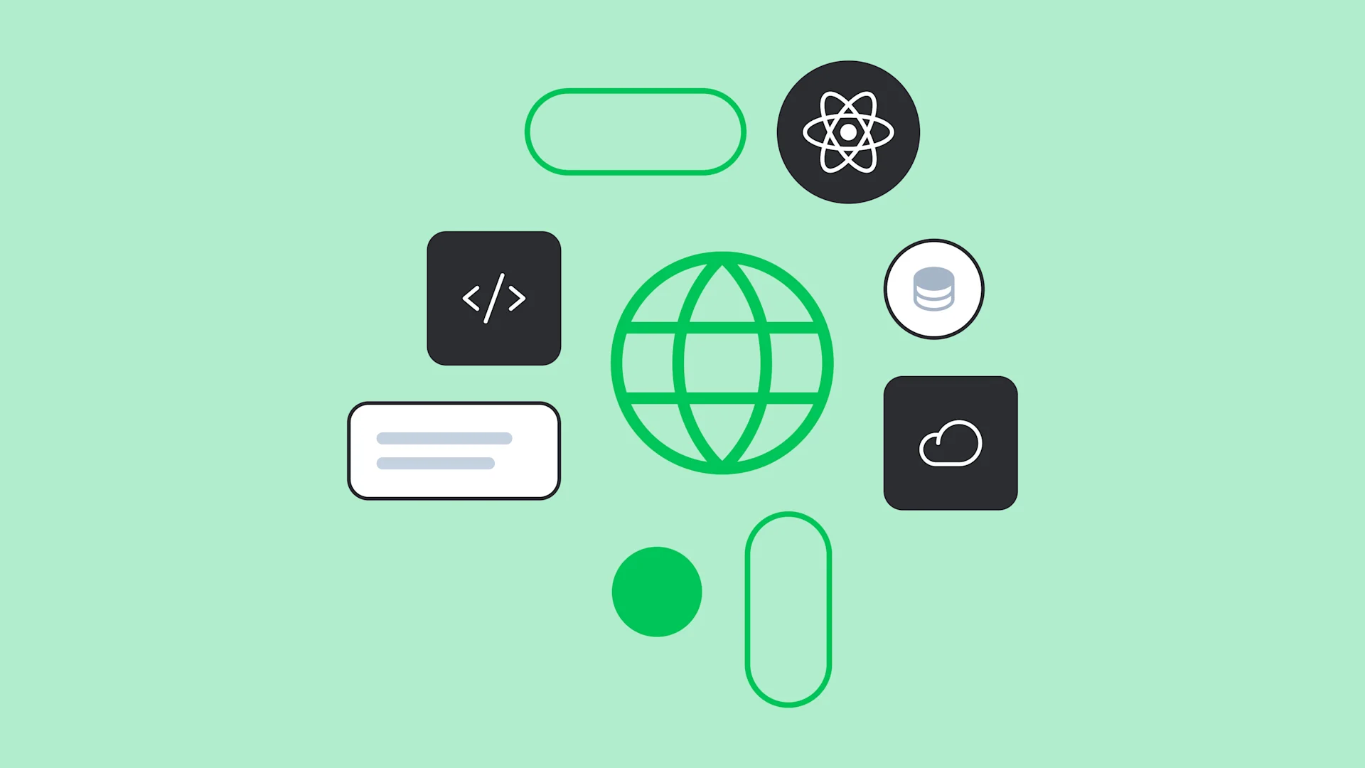 Web development icons including code symbol, globe, cloud storage, and React logo on mint green background