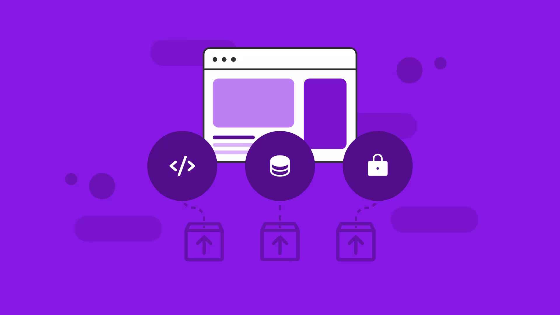Illustration showing browser window with three purple circular icons below representing code, database, and security features.