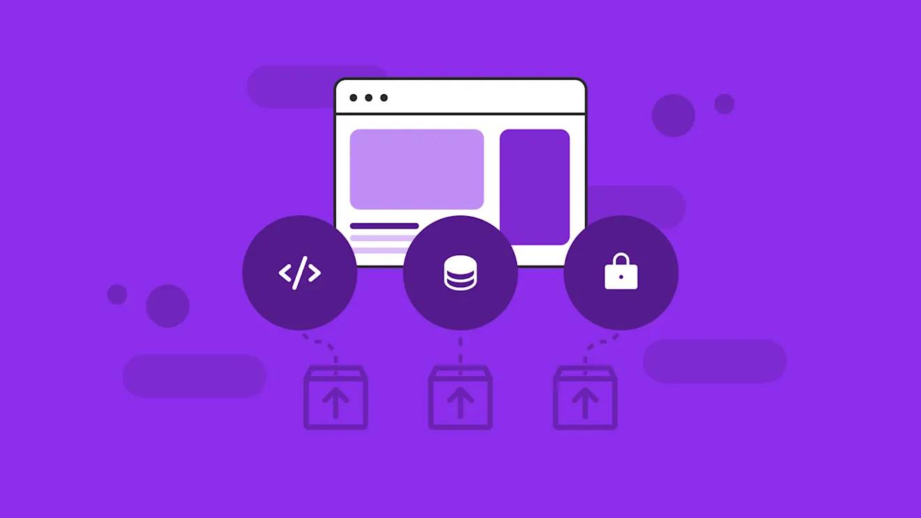 Illustration showing browser window with three purple circular icons below representing code, database, and security features.