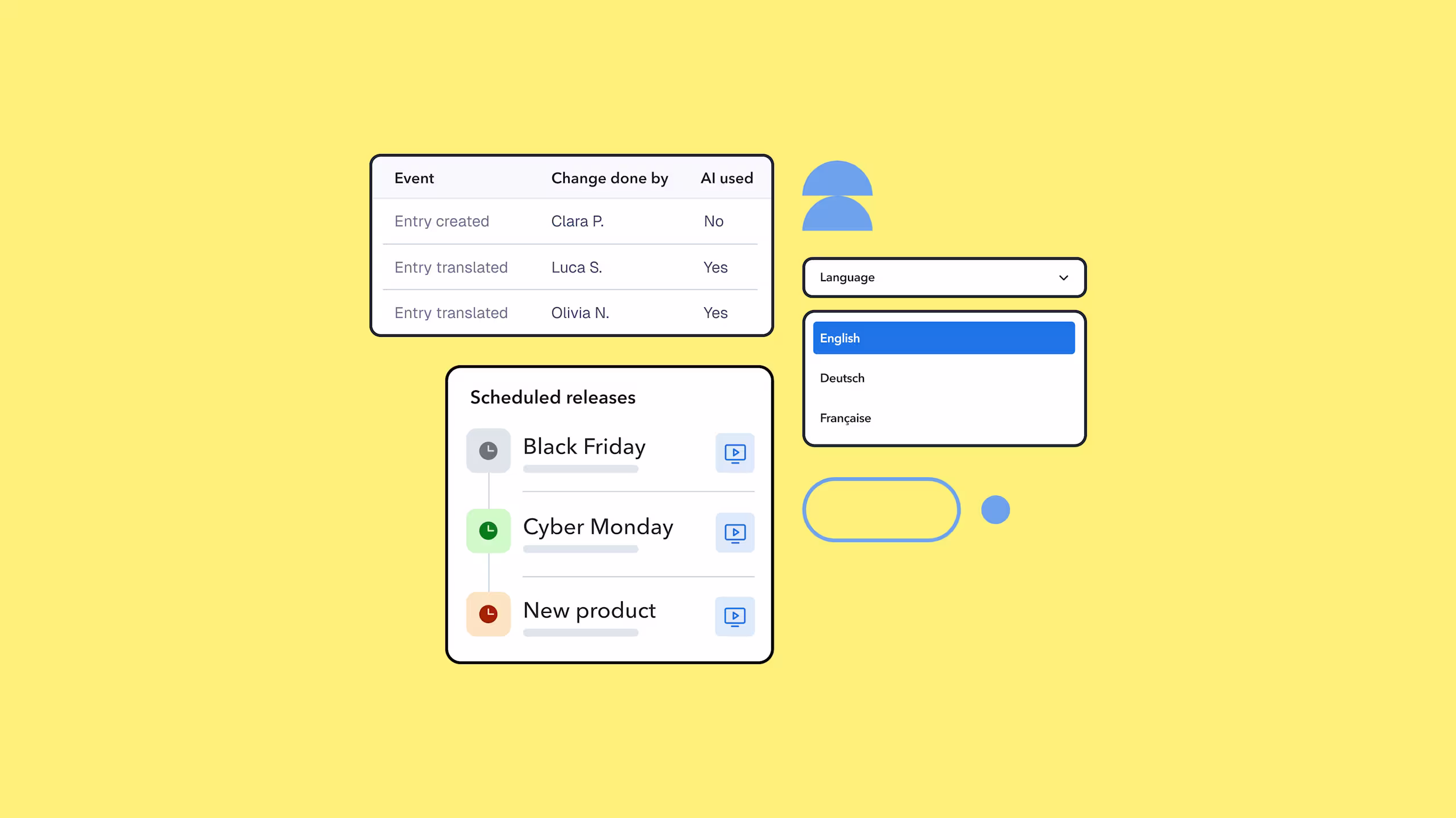 Content management interface showing event history, language options, and scheduled releases for Black Friday, Cyber Monday, and new product