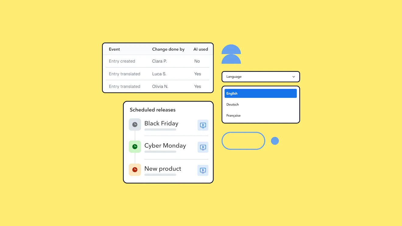 Content management interface showing event history, language options, and scheduled releases for Black Friday, Cyber Monday, and new product