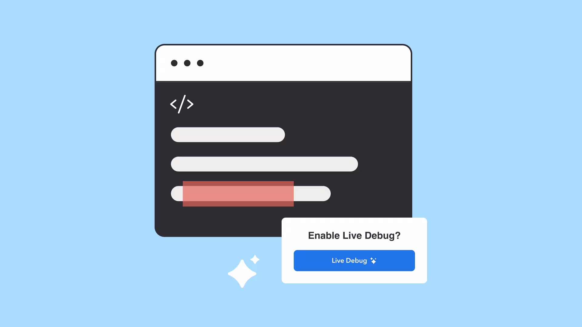 A dark code editor window with a highlighted error line and a popup prompt asking to enable Live Debug feature.