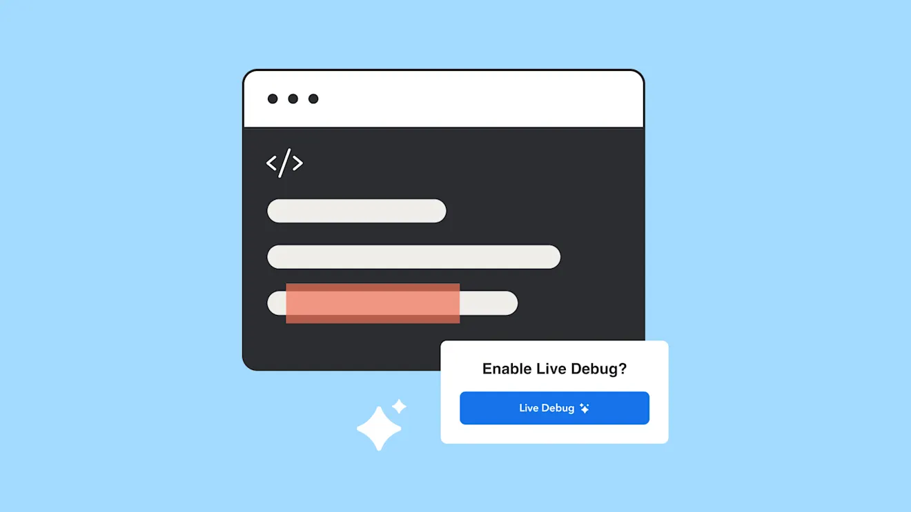 A dark code editor window with a highlighted error line and a popup prompt asking to enable Live Debug feature.