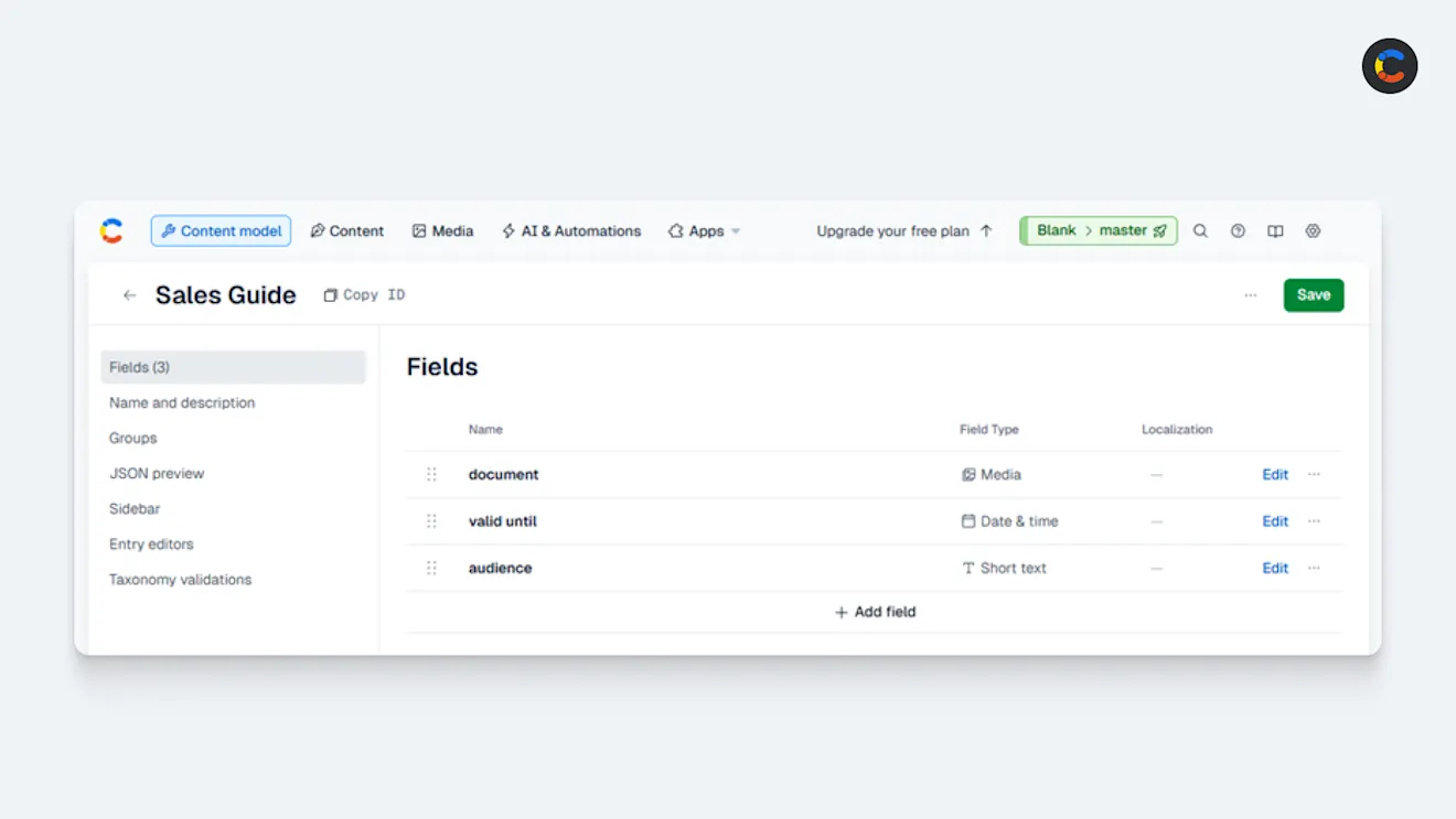 Screenshot of the Contentful app with a content model added.