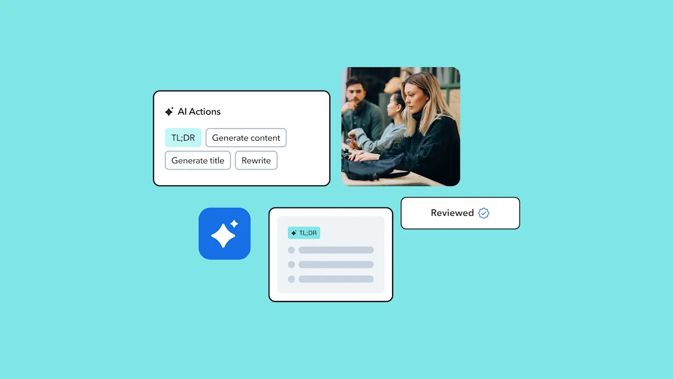 UI mockup showing AI Actions panel, a TL;DR summary card, a Reviewed badge, and people working on a laptop.