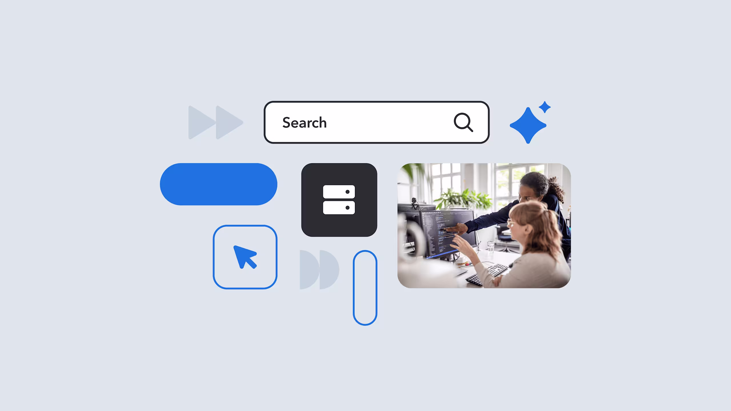 Minimalist interface design elements including icons, search bar, and navigation arrows on a light gray background
