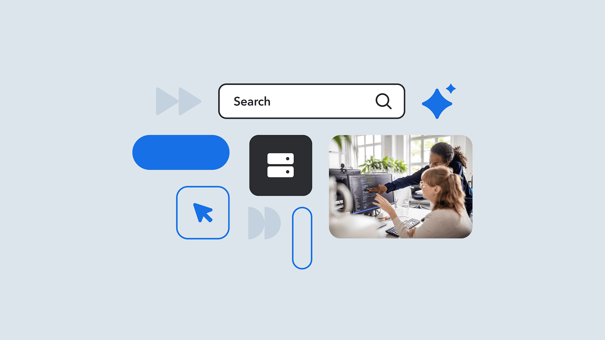 Minimalist interface design elements including icons, search bar, and navigation arrows on a light gray background
