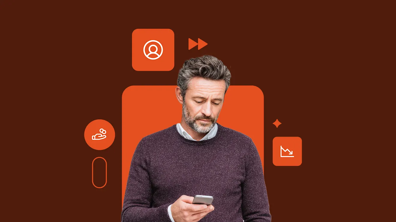 Professional in purple sweater checking phone, surrounded by orange app icons on brown background.