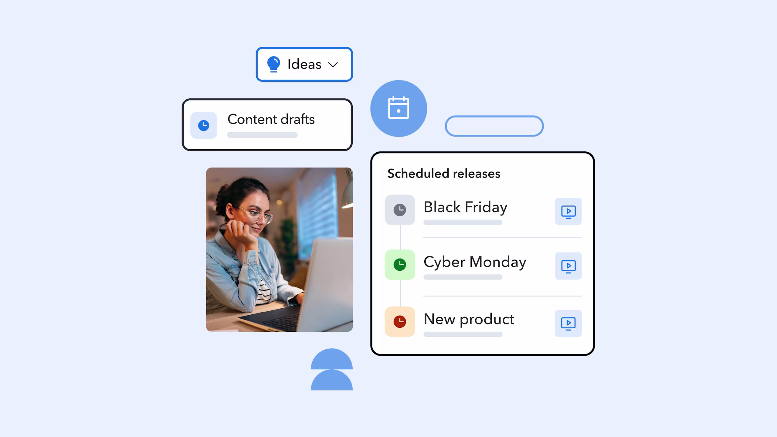 Content planning interface showing Ideas, Content drafts, and Scheduled releases sections with Black Friday, Cyber Monday, and New product items