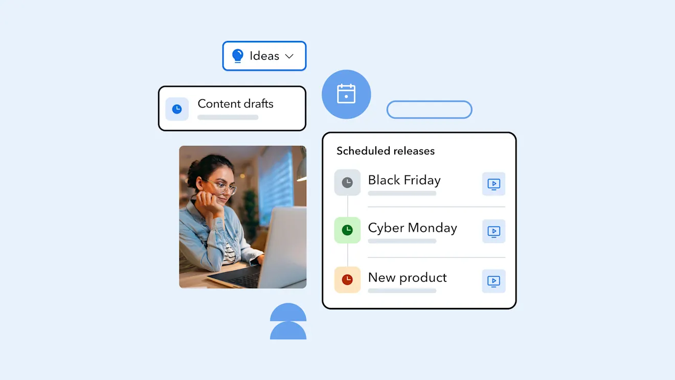 Content planning interface showing Ideas, Content drafts, and Scheduled releases sections with Black Friday, Cyber Monday, and New product items