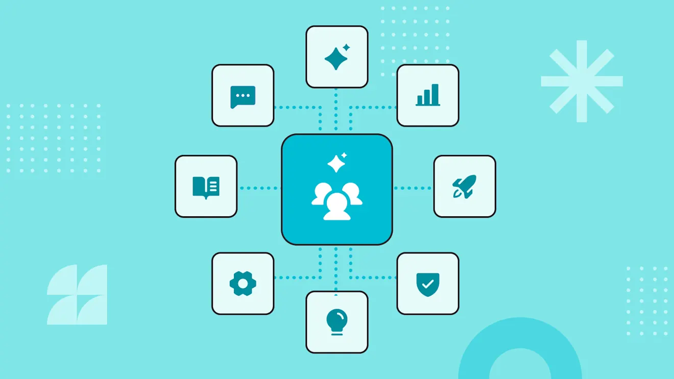 Teal graphic showing a central team icon connected to eight surrounding icons representing chat, analytics, launch, security, ideas, settings, books, and AI.