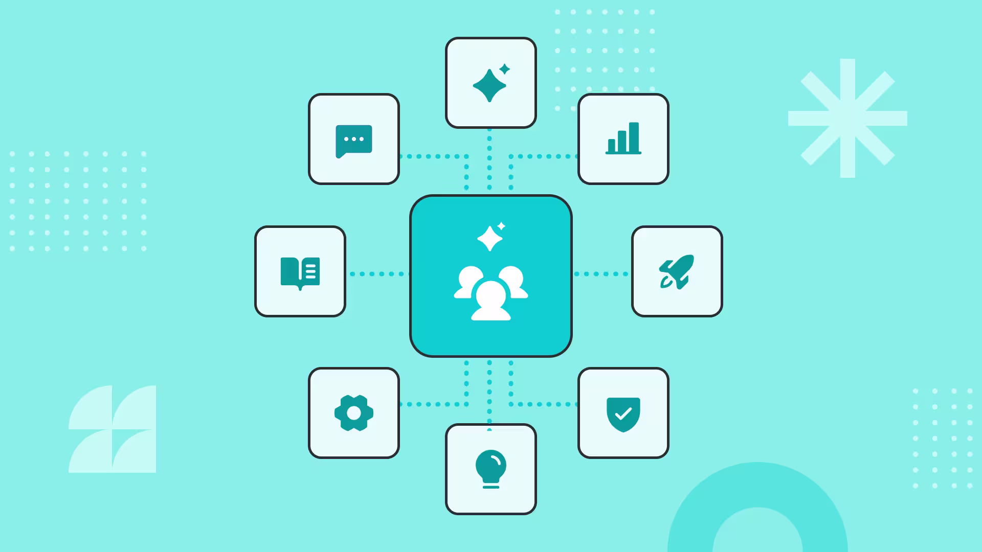 Teal graphic showing a central team icon connected to eight surrounding icons representing chat, analytics, launch, security, ideas, settings, books, and AI.