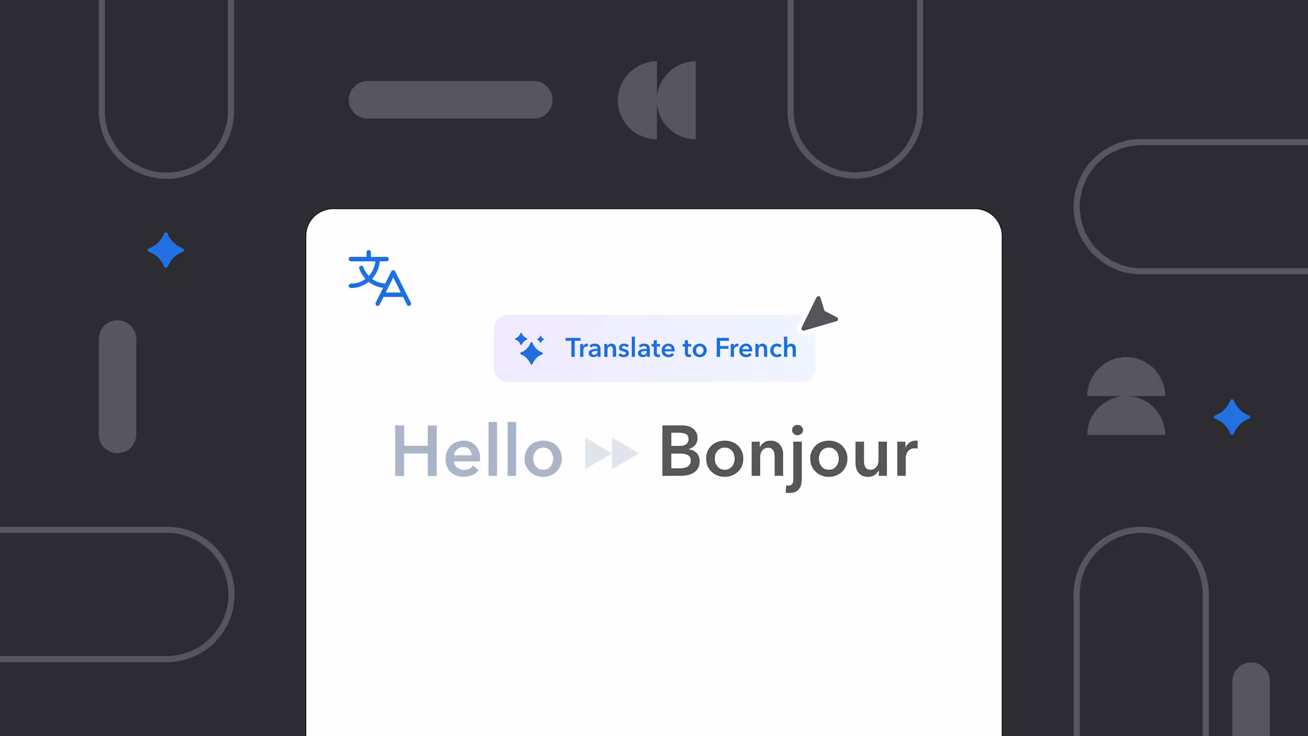 Language translation interface showing "Hello" being translated to "Bonjour" in French, with blue sparkle accents on dark background