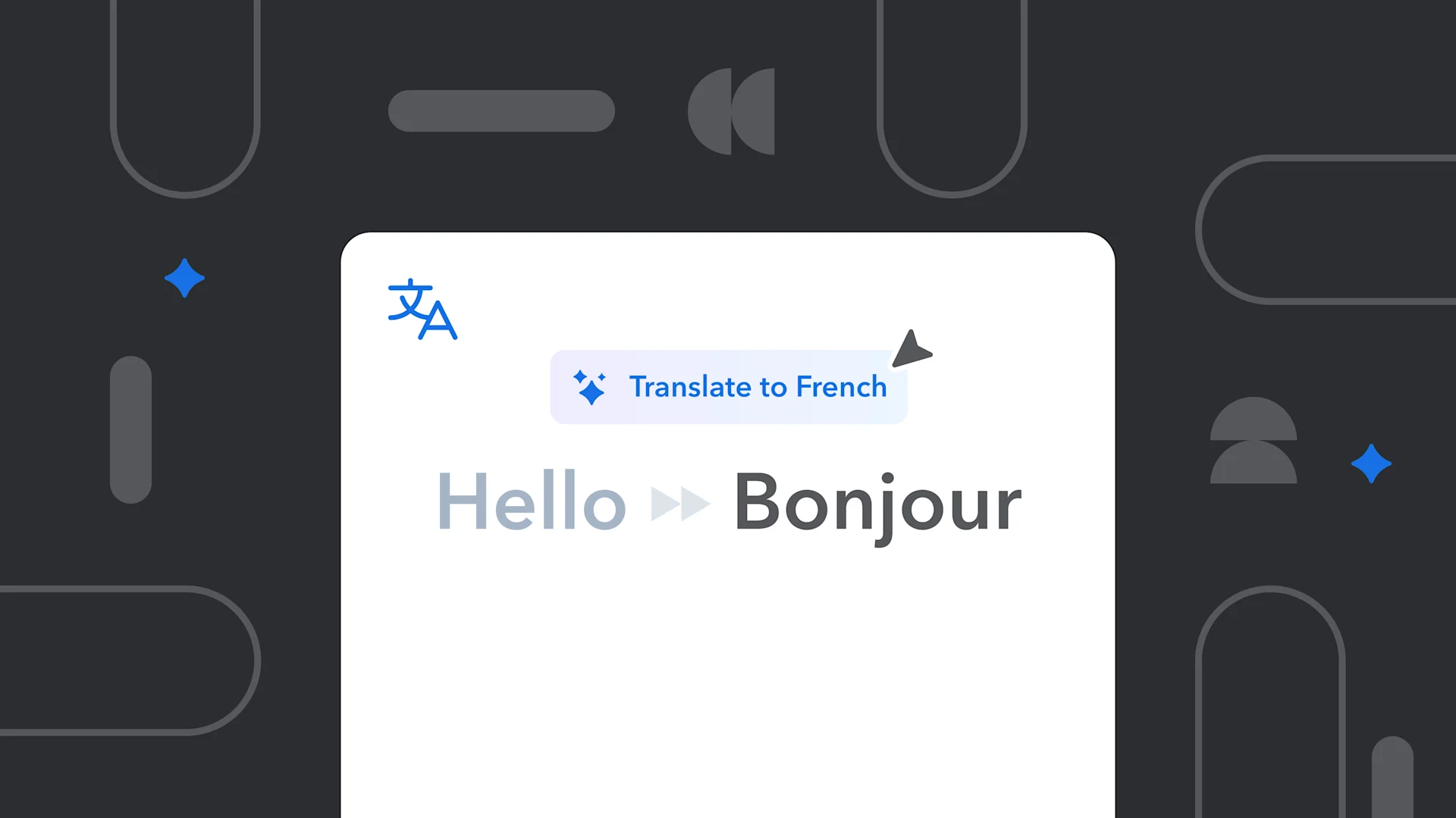Language translation interface showing "Hello" being translated to "Bonjour" in French, with blue sparkle accents on dark background
