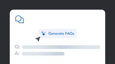 A blue chat bubble icon above a "Generate FAQs" button, with empty Q&A fields below in a light gray interface
