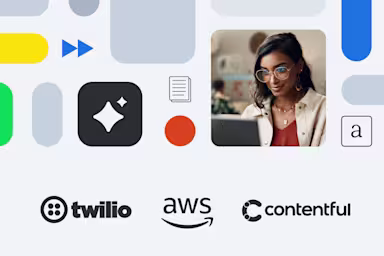 Professional wearing glasses and beige blazer working at desk, with tech company logos Twilio, AWS, and Contentful below