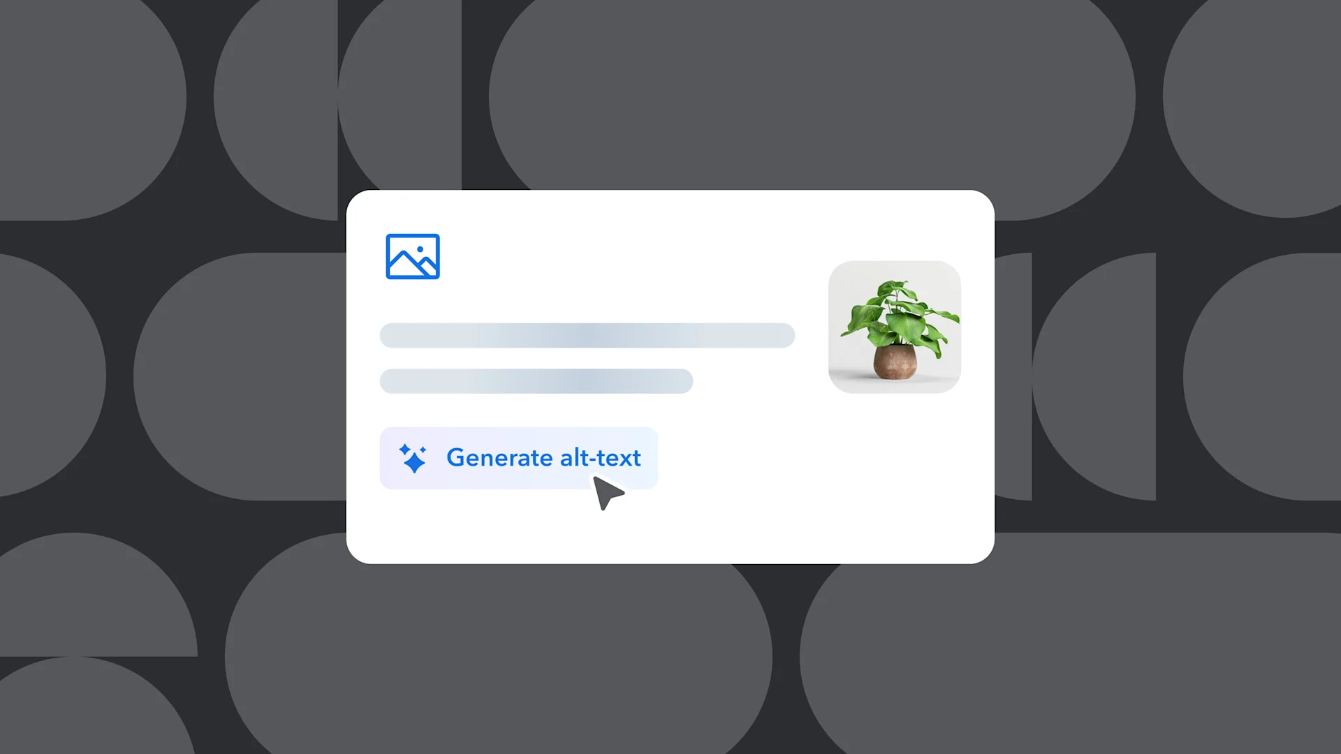 A white content card showing a placeholder image icon, text fields, and a "Generate alt-text" button with cursor hovering over it