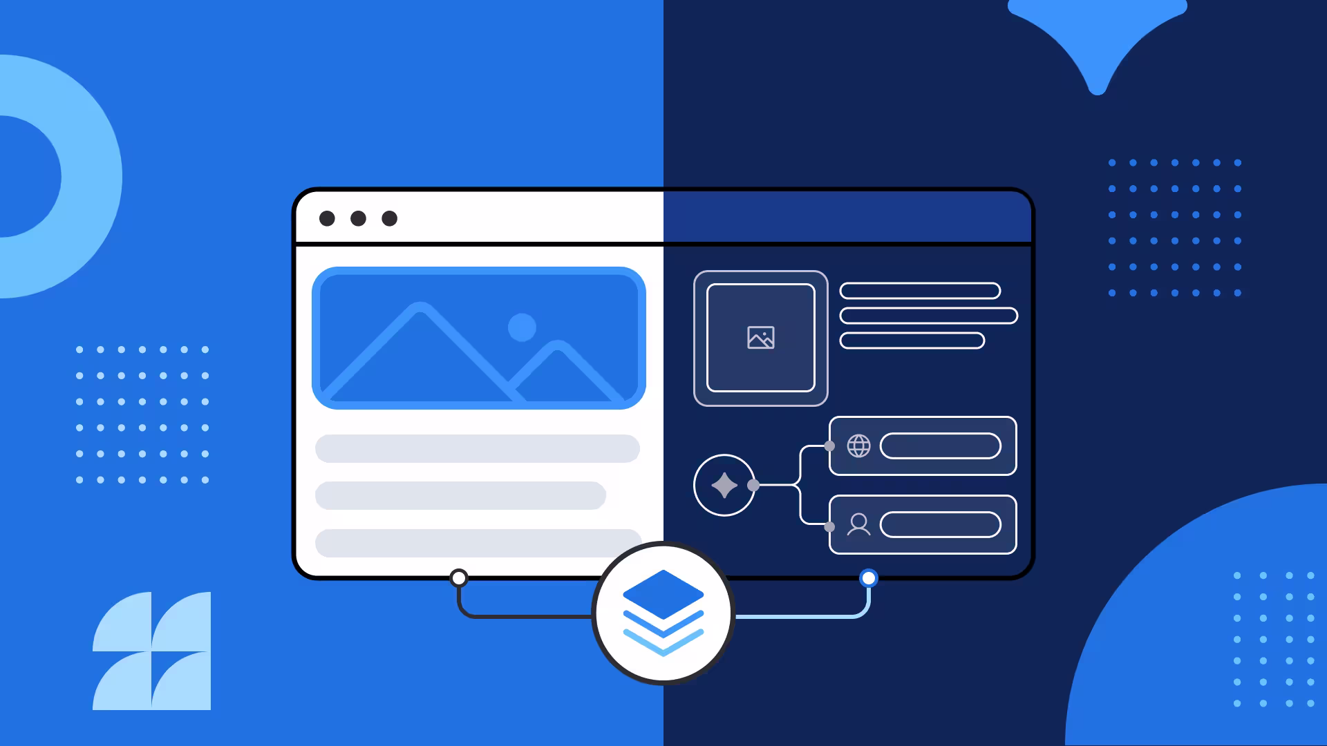 Blue illustration showing two connected web UI layouts with a layers icon, representing content management or web design concepts.