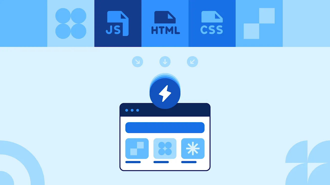 JS, HTML, and CSS file icons with arrows pointing to a browser window displaying a webpage, symbolizing web development.