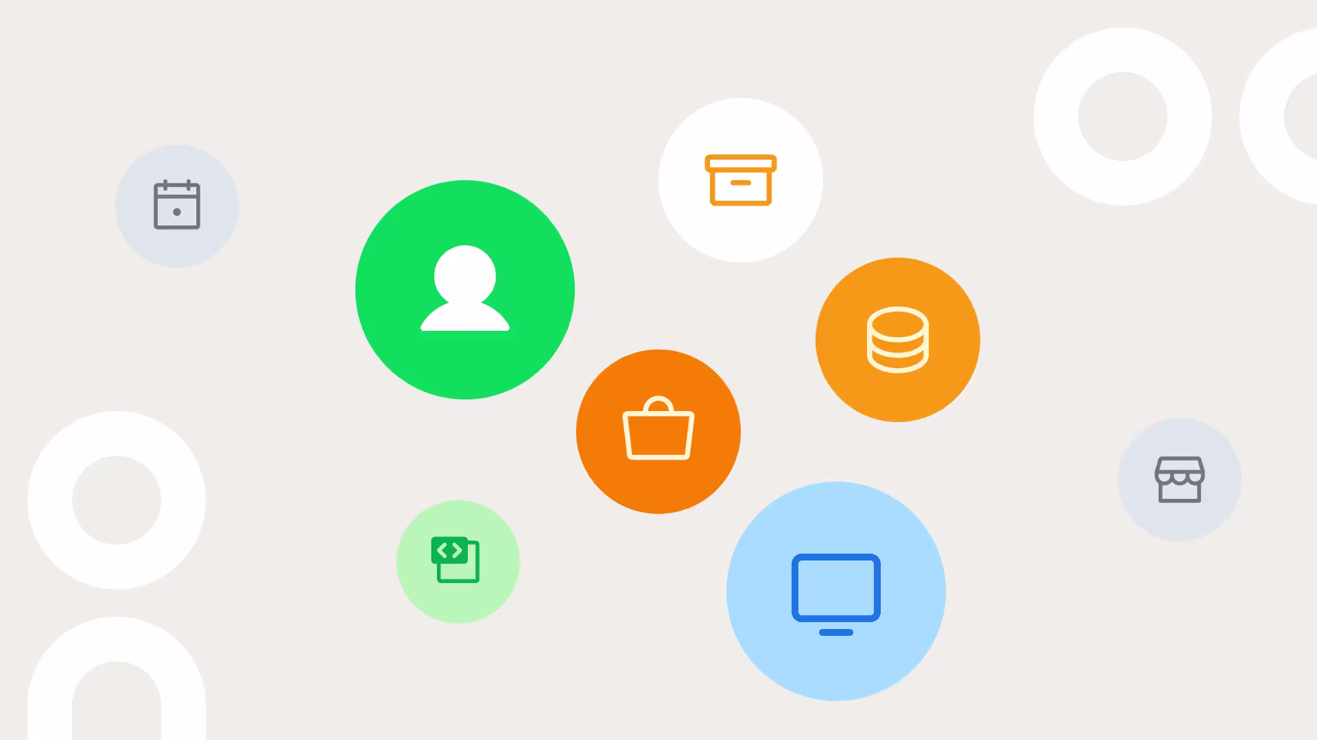 Colorful circles with icons representing a user, shopping bag, database, monitor, code, archive, calendar, and store on a light background.