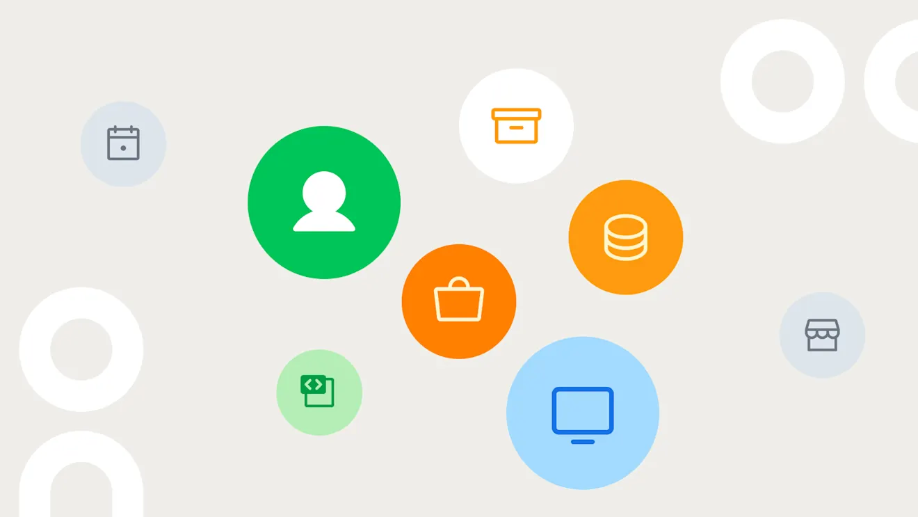 Colorful circles with icons representing a user, shopping bag, database, monitor, code, archive, calendar, and store on a light background.