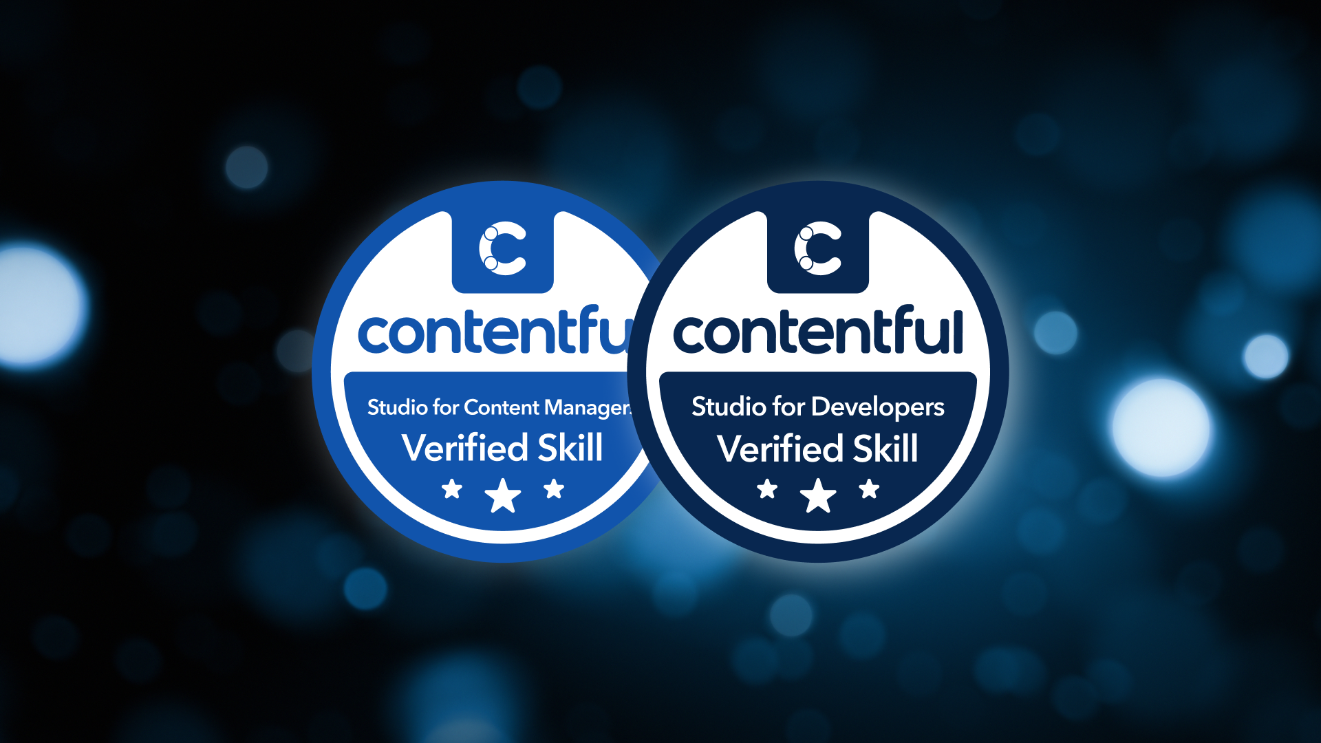 Two Contentful certification badges for Studio for Content Managers and Developers on a dark blue bokeh background