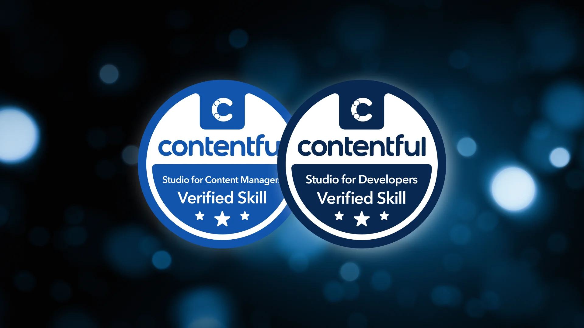 Two Contentful certification badges for Studio for Content Managers and Developers on a dark blue bokeh background