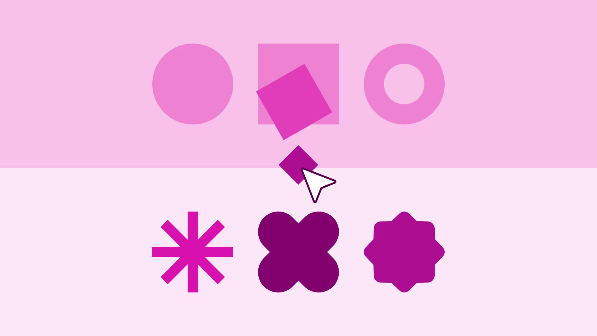 Various pink and purple shapes on a pink background, including circles, squares, an asterisk, flower, and star with a cursor.