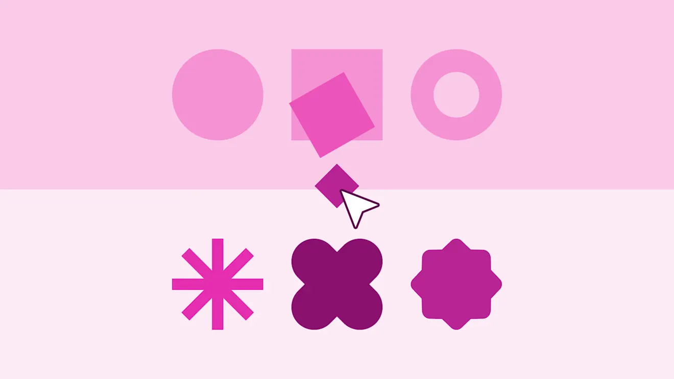 Various pink and purple shapes on a pink background, including circles, squares, an asterisk, flower, and star with a cursor.