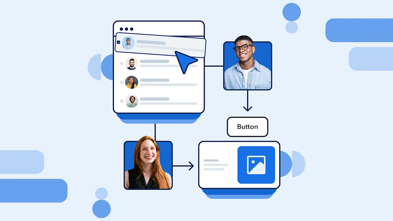 Illustration showing social media interface elements with profile photos, chat bubbles, and buttons in blue and white color scheme