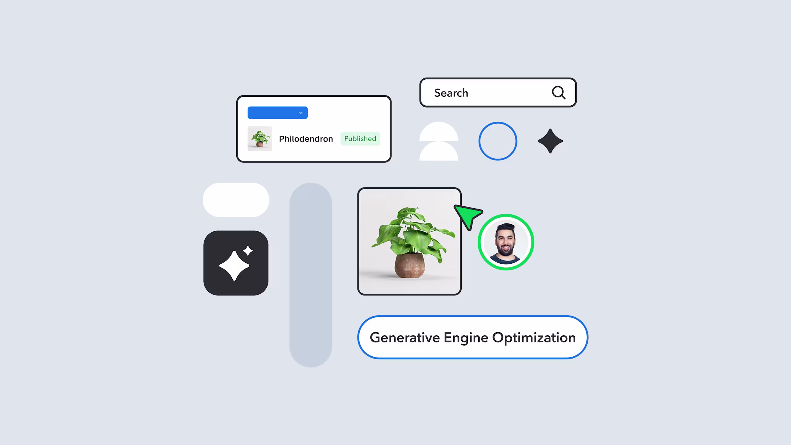 A website interface showing a search bar, philodendron plant image, profile photo, navigation controls, and "Generative Engine Optimization" text
