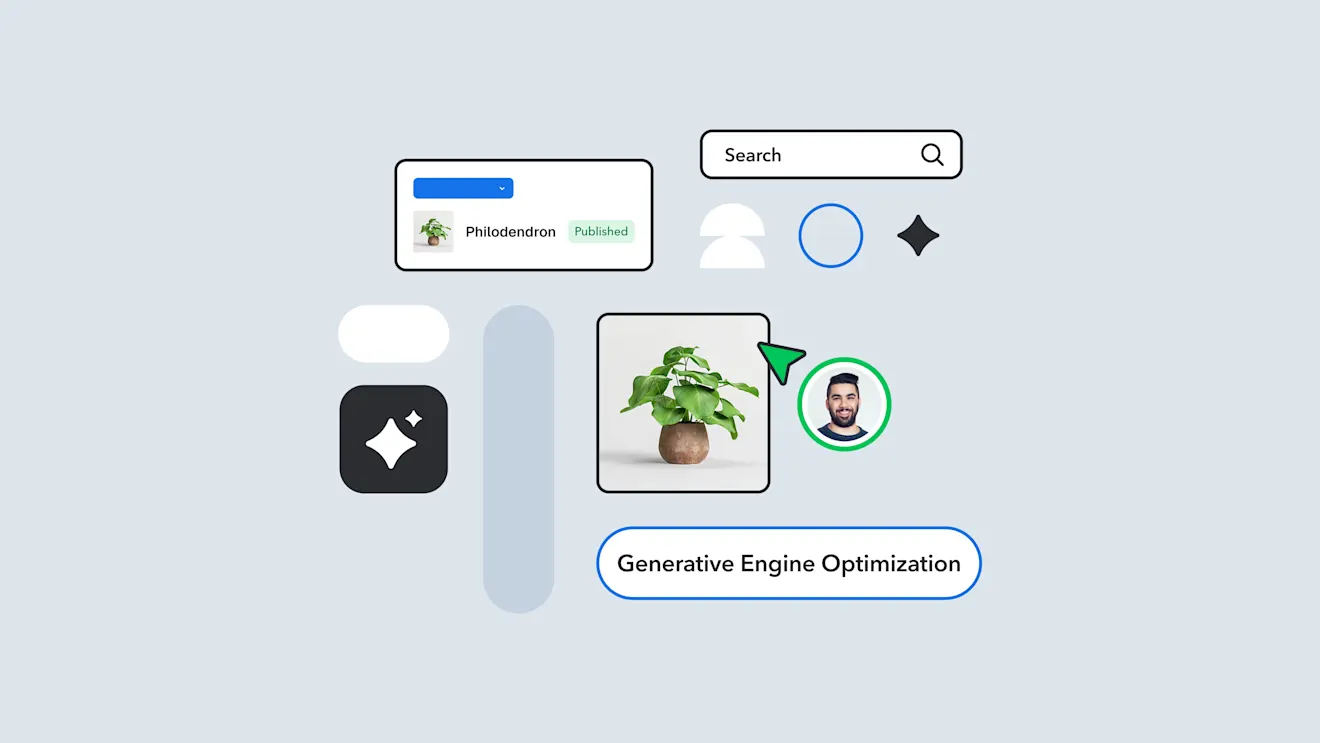 A website interface showing a search bar, philodendron plant image, profile photo, navigation controls, and "Generative Engine Optimization" text