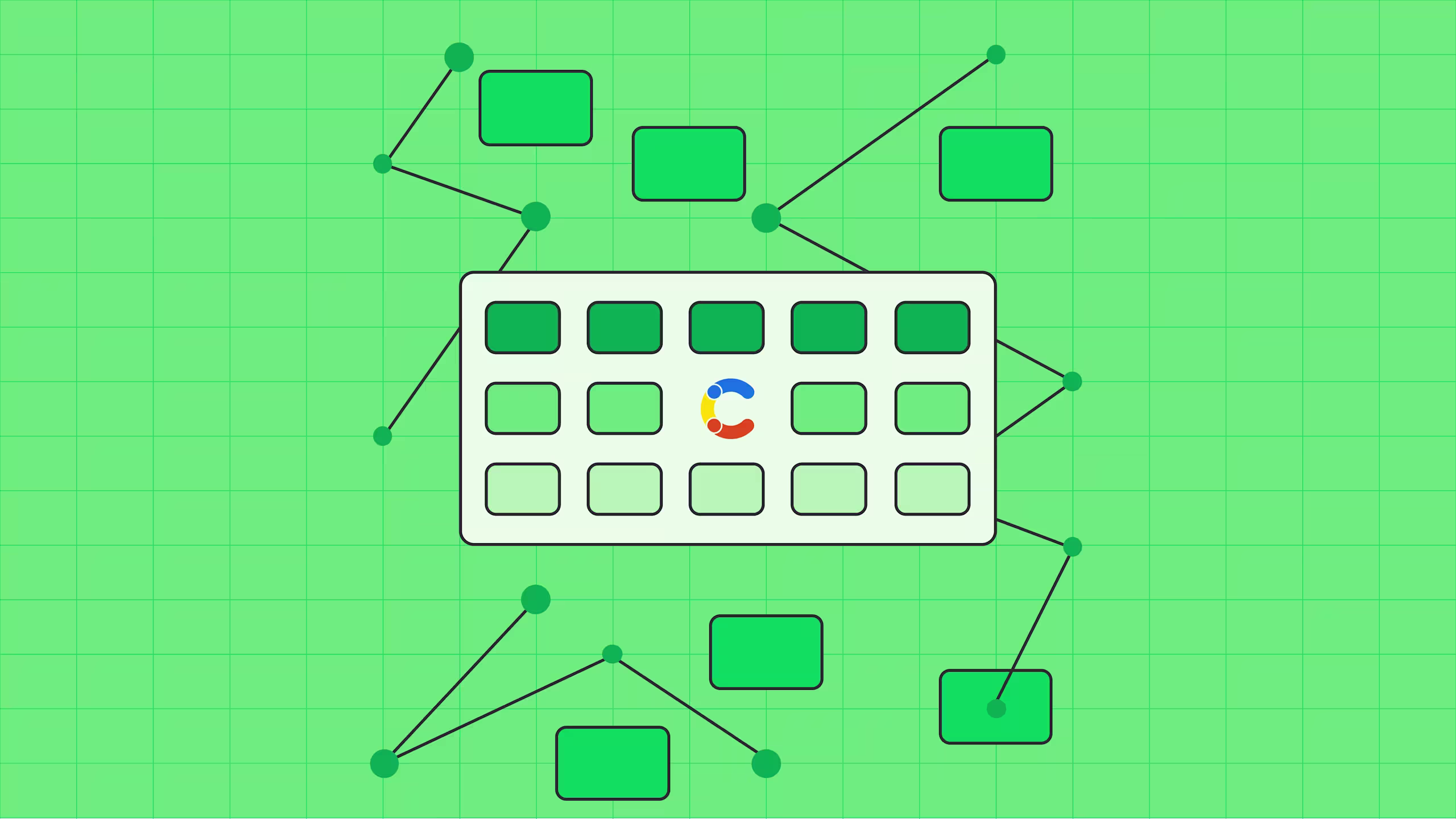 A grid panel with a Google Workspace logo centered, surrounded by connected green nodes and rectangles on a green background.