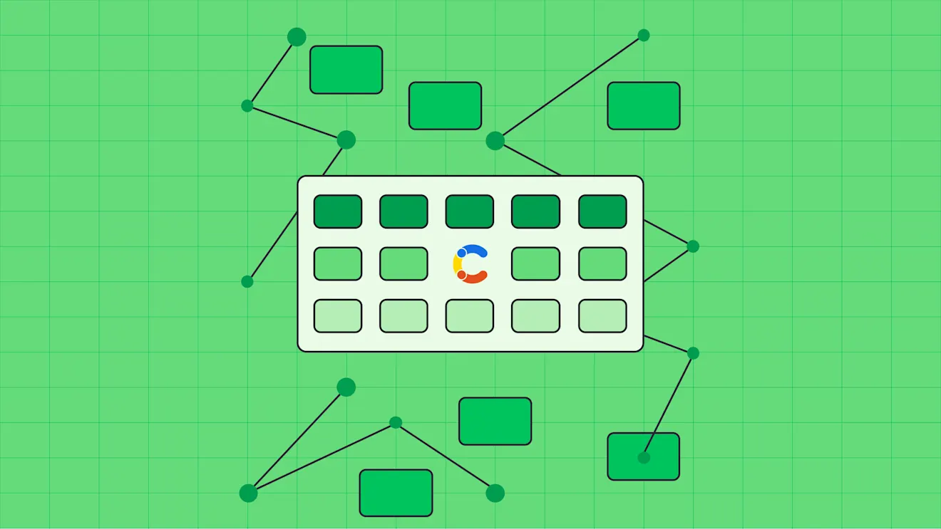 A grid panel with a Google Workspace logo centered, surrounded by connected green nodes and rectangles on a green background.