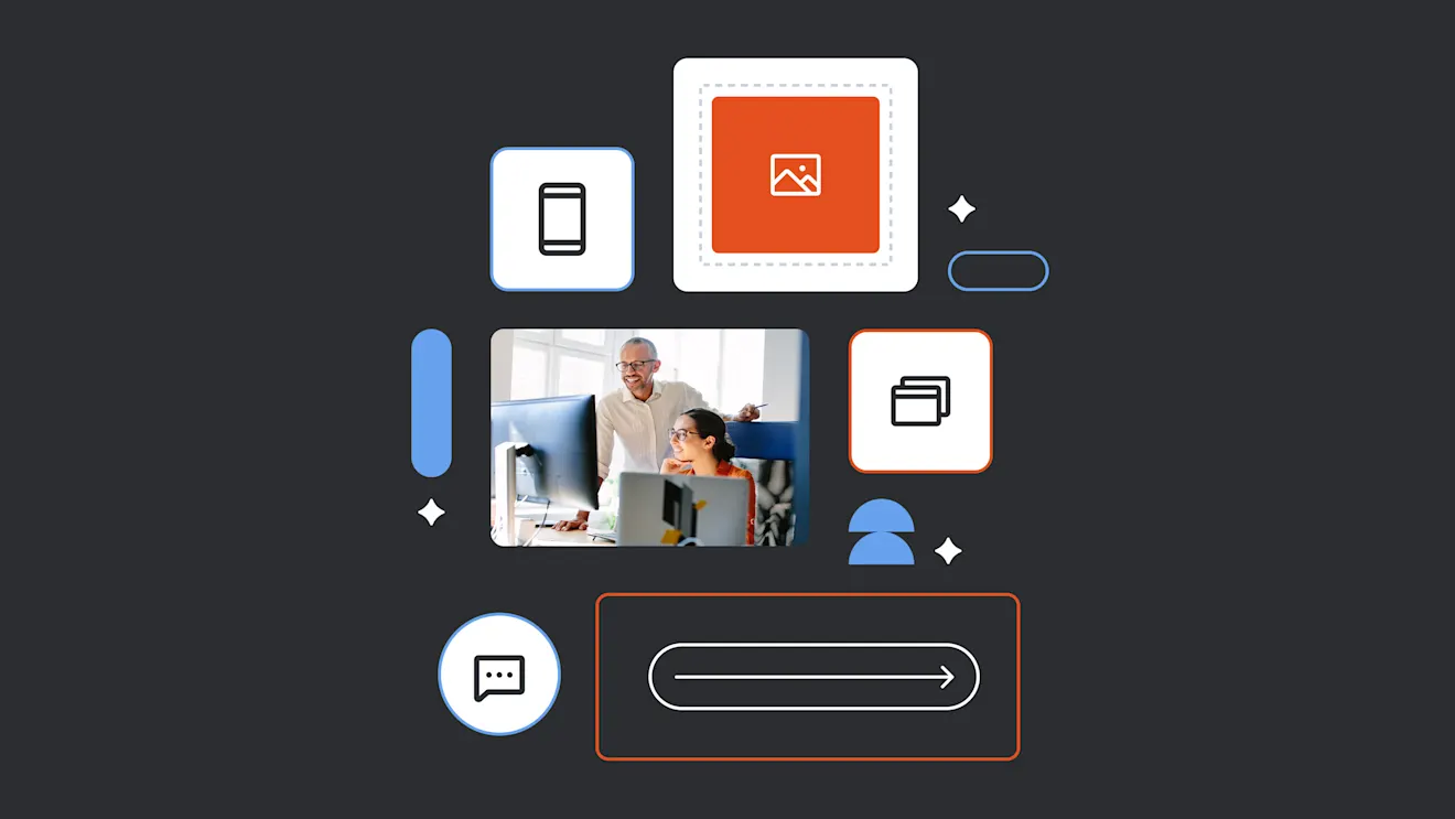 Illustration showing mobile device icons, interface elements, and a business meeting photo on a dark background with orange and blue accents