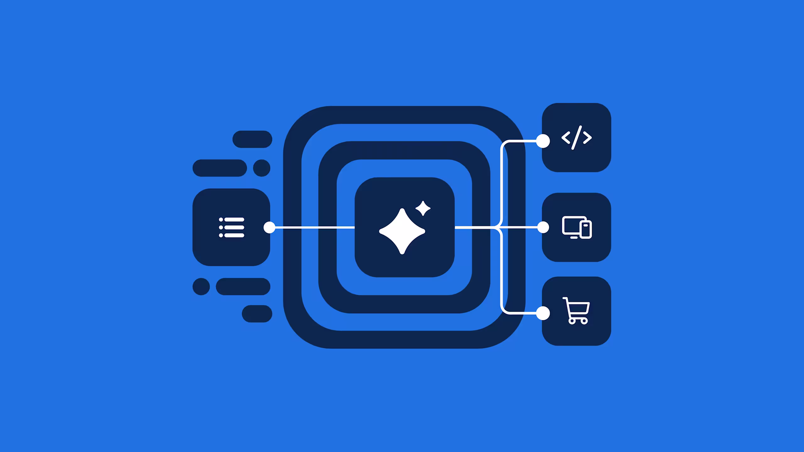 Abstract digital design with interconnected dark blue rounded rectangles and white icons on bright blue background
