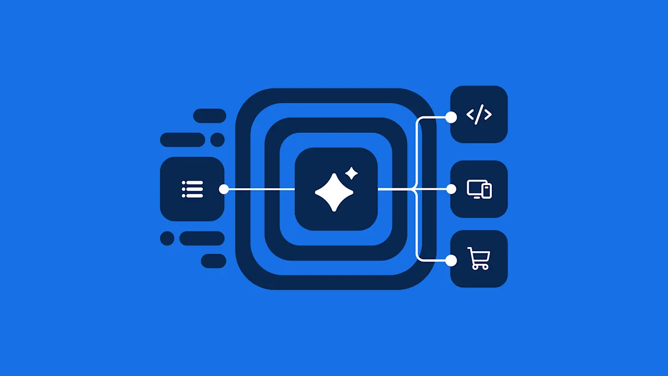 Abstract digital design with interconnected dark blue rounded rectangles and white icons on bright blue background