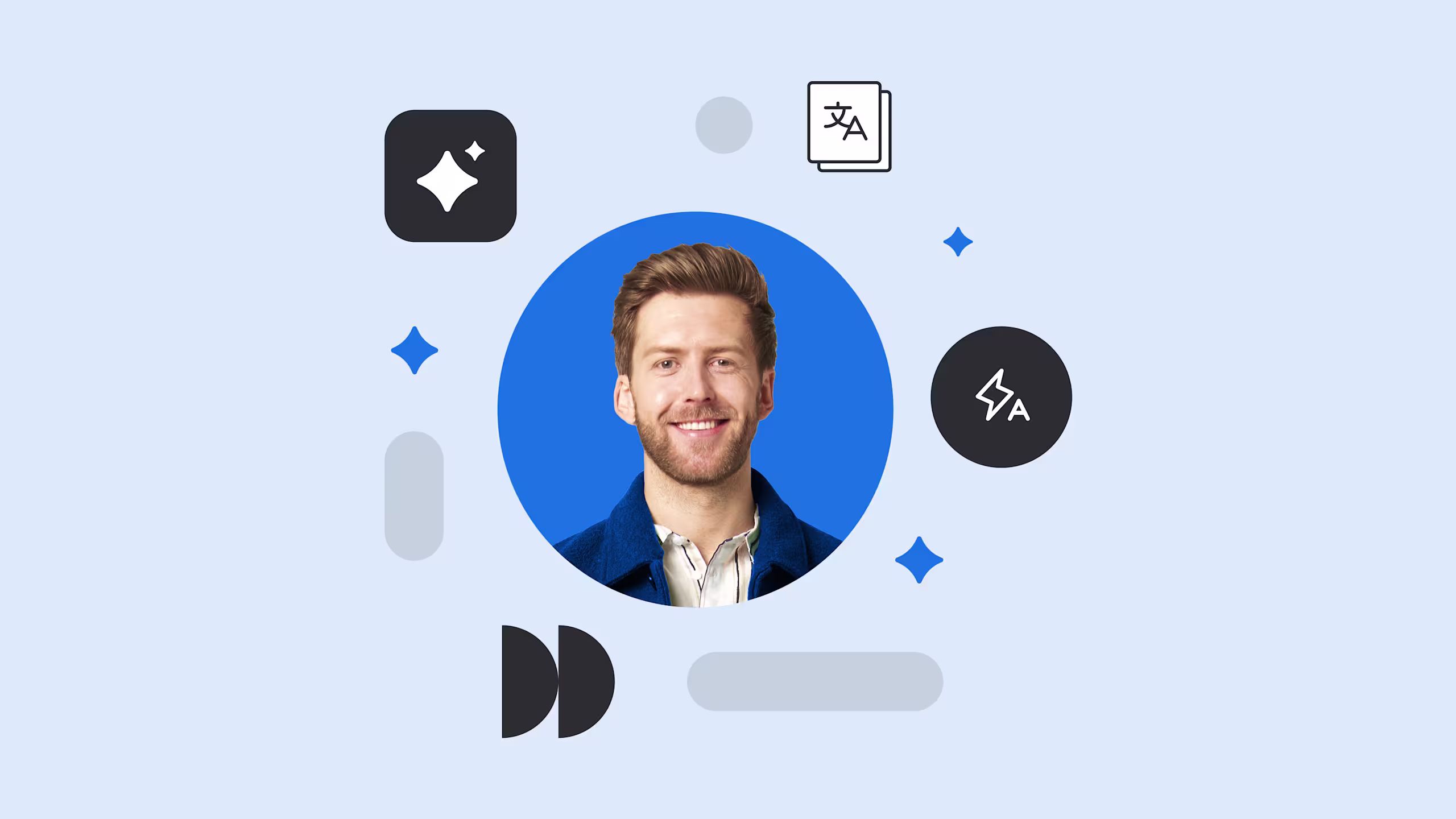 Professional headshot in blue circular frame with translation and communication icons on light blue background