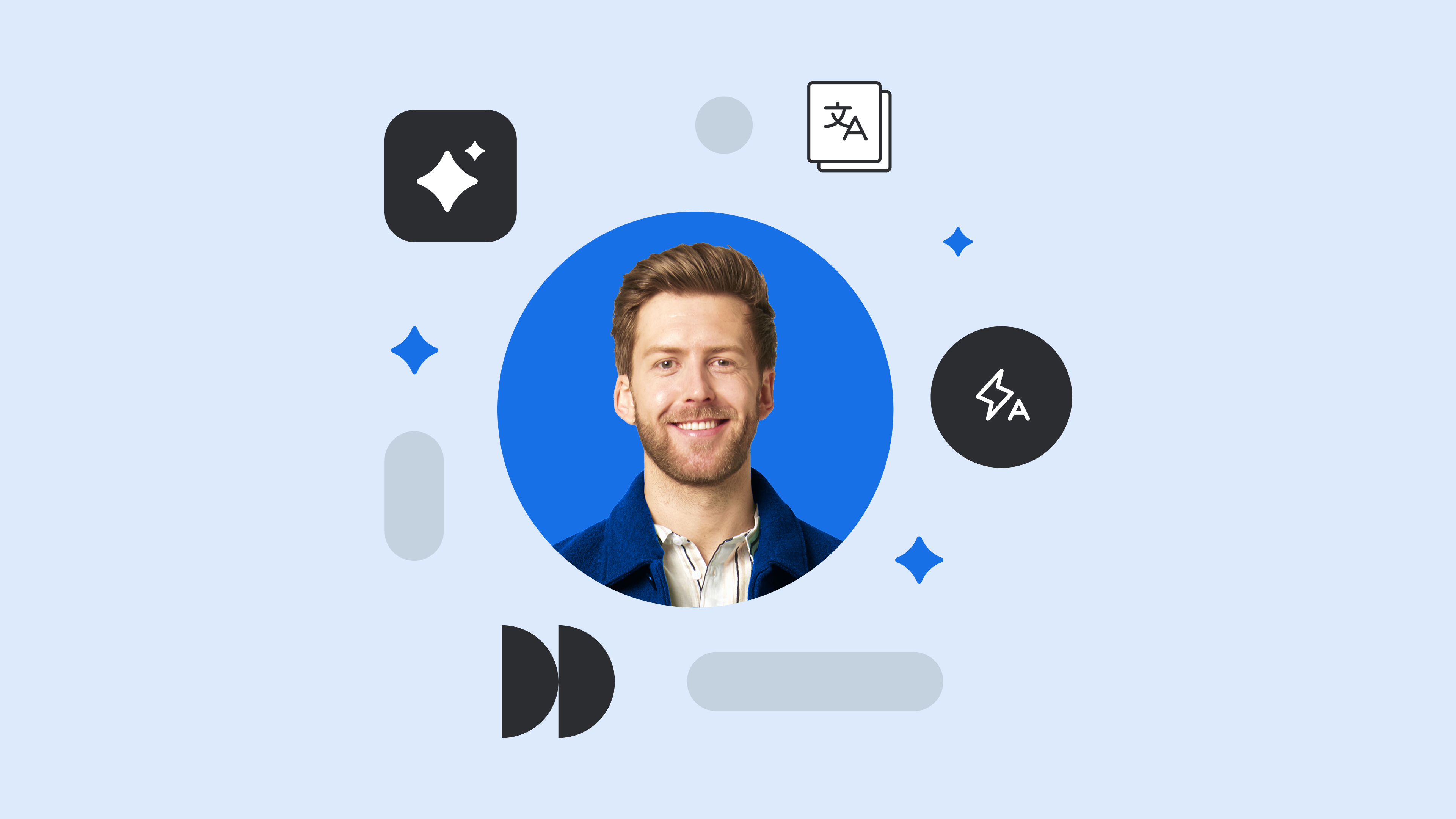 Professional headshot in blue circular frame with translation and communication icons on light blue background