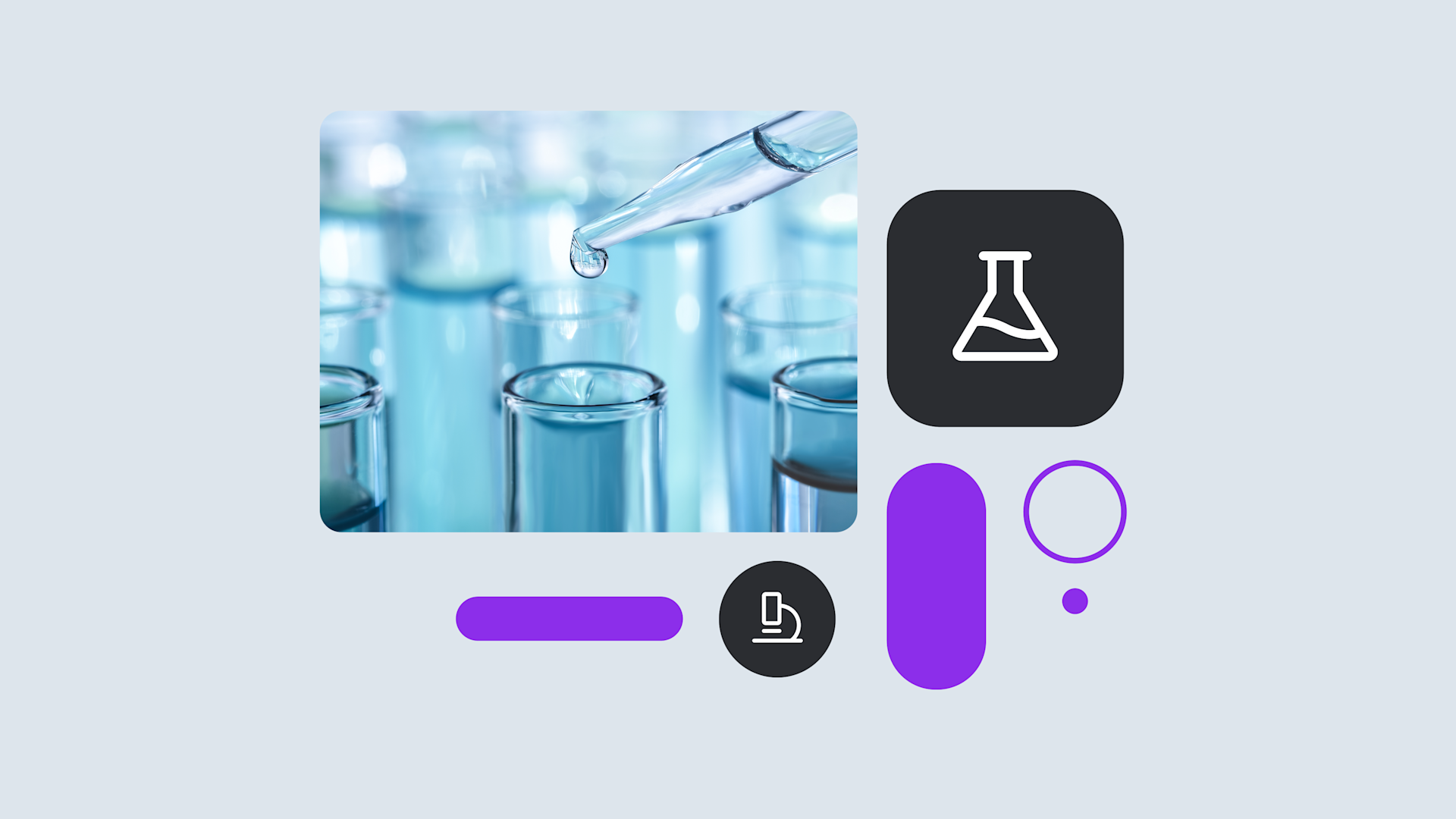 Laboratory dropper releasing liquid into glass test tubes, with scientific icons and purple design elements against gray background