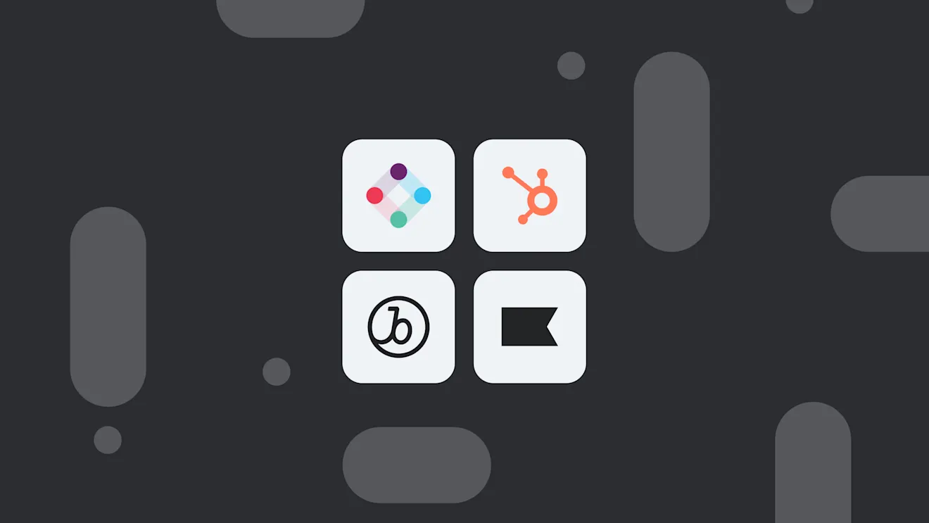 Four white square app icons with colorful logos against a dark background with floating gray circular shapes