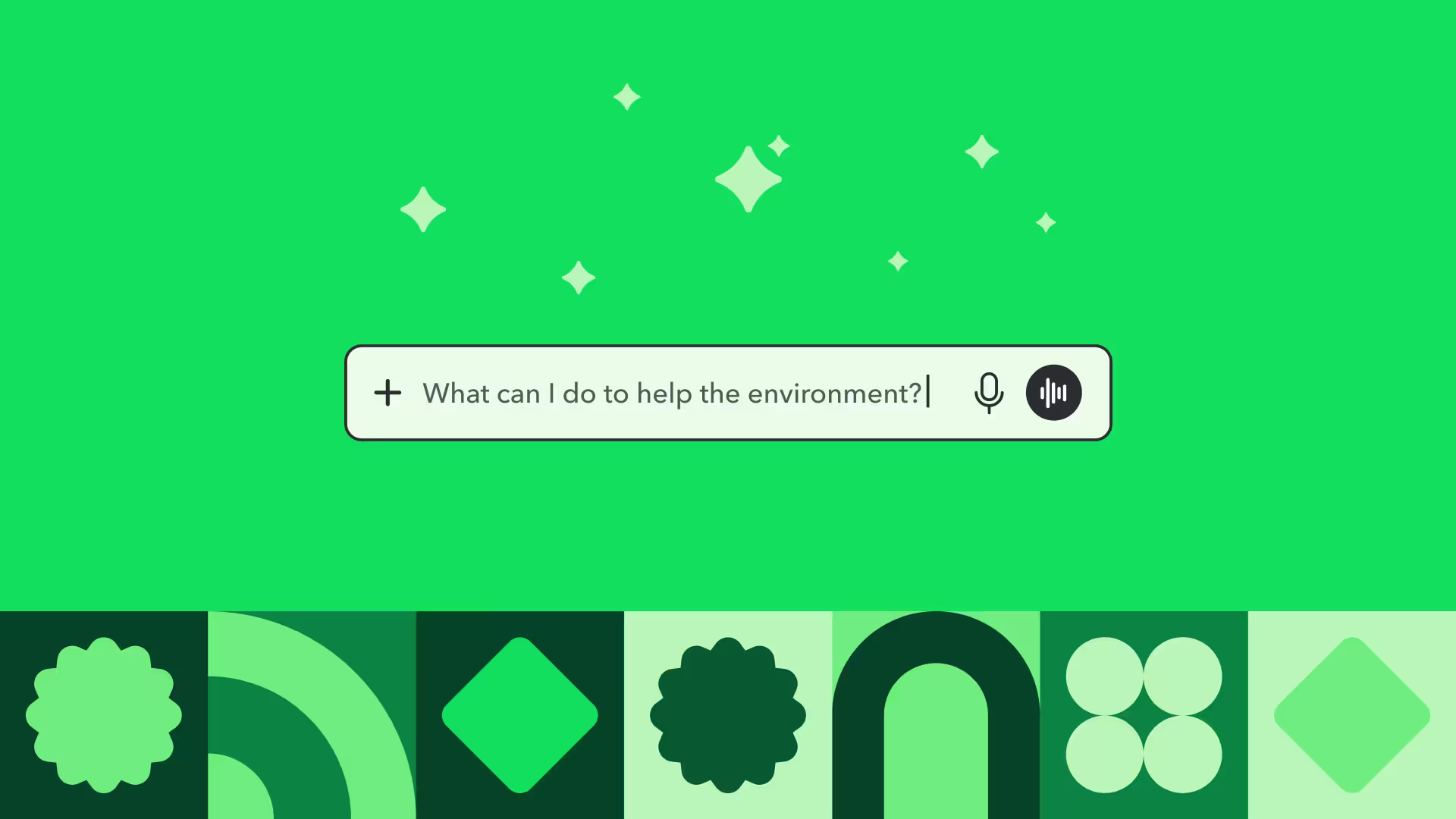 Search bar on green background with text "What can I do to help the environment?" and sparkle icons above it.