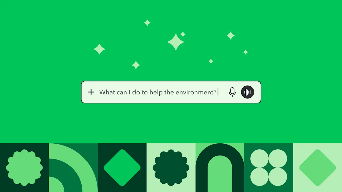 Search bar on green background with text "What can I do to help the environment?" and sparkle icons above it.