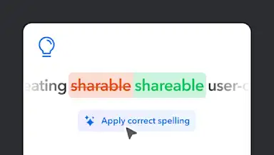 Lightbulb icon above text showing a spelling correction from the word 'sharable' to 'shareable', alongside a tooltip saying "Apply correct spelling" with an AI icon.