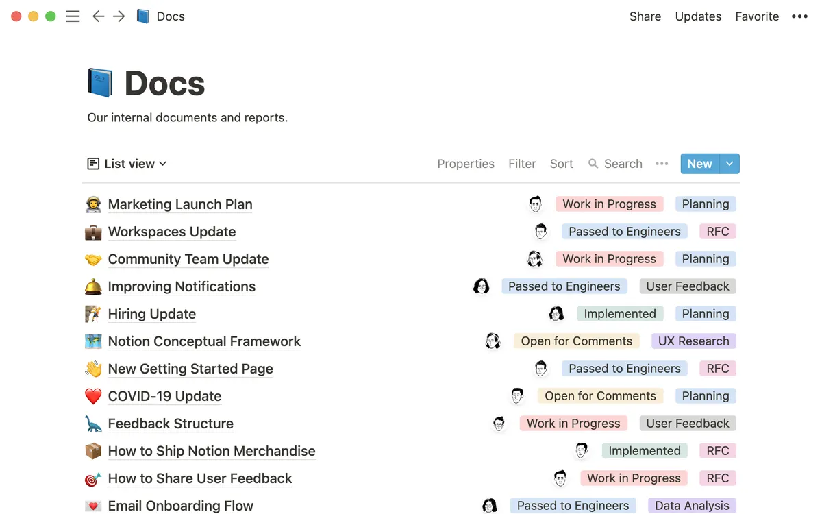 Notion company-wide docs database screenshot