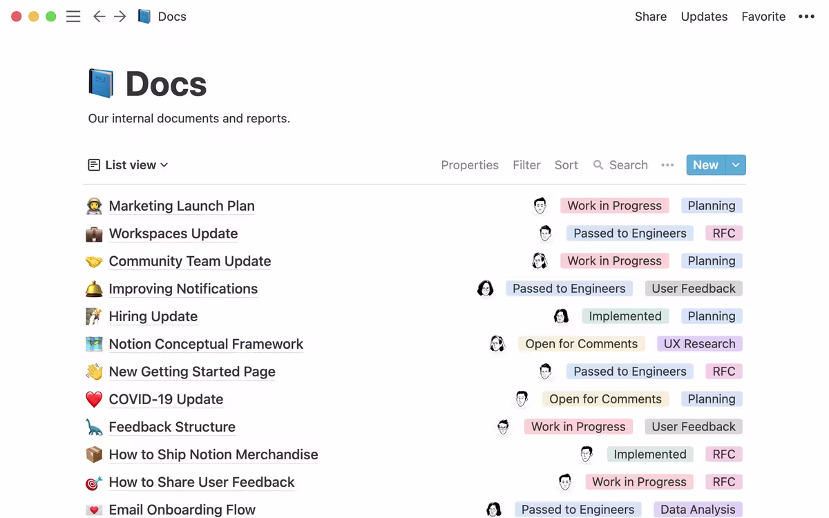Notion company-wide docs database screenshot
